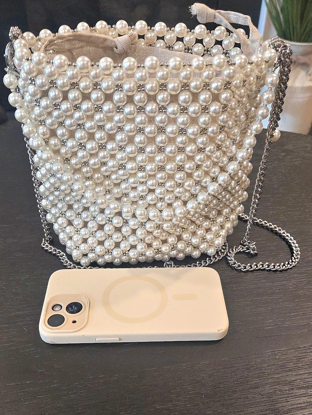 Zara Pearl Beaded Chain Bag in White & Silver Like New